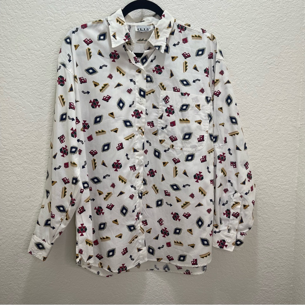 ILIO Women Large Blouse‎ Button Down Aztec White Long Sleeve western vintage